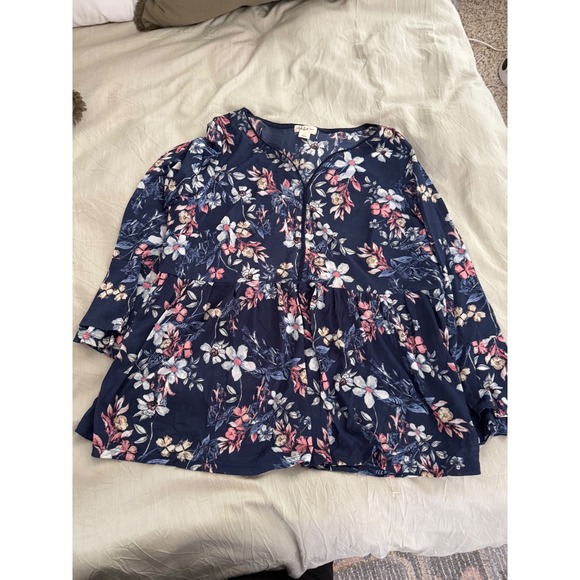 Style & Co Woman Floral Print 3/4 Sleeve Top Blouse Navy Pink White 1X - Picture 1 of 6